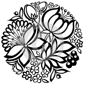 Black-and-white floral arrangement in the shape of a circle