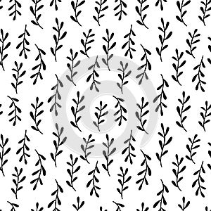 Black and white floral background. Monochrome branches, leaves vector seamless pattern, japanese style