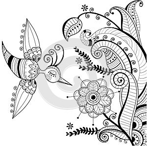 Black and white floral decoration and abstract bir