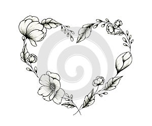 Black and white floral heart wreath, vintage hand drawn heart illustration with botanic elements, fine line heart art for mother