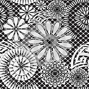 Black and white floral lacy greek vector seamless pattern. Monochrome ornamental lace background. Spiral shapes, radial lines,