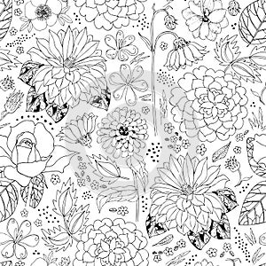 Black and white floral ornament. Beautiful seamless pattern with hand drawn flowers