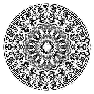 Black and white floral round mandala. Greek circle ornaments. Decorative beautiful patterns. Vector ornamental monochrome