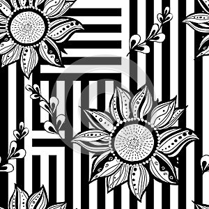 Black white floral seamless background. Modern style. Vector illustration.