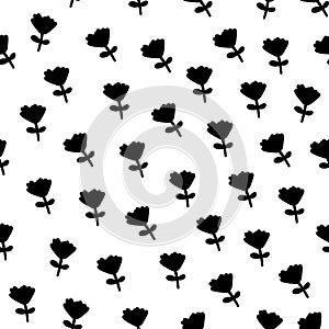Black on white floral seamless pattern in simple doodle style