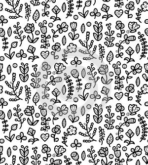 Black and white floral seamless pattern in vector. Spring endless background with flower, branch, heart, leaf etc.