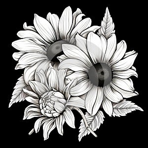 Black And White Floral Sketch With Daisies And Leaves