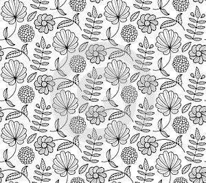 Black and white floral vector seamless pattern with flower, leaf, branch. Natural endless background.