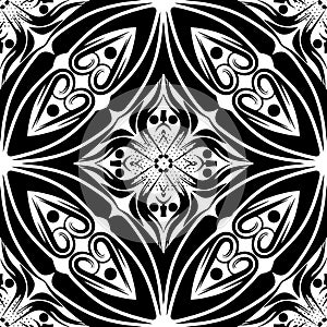 Black and white floral vector seamless pattern. Monochrome abstract flourish background. Vintage hand drawn flowers, swirls, line