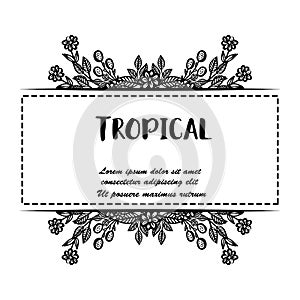 Black white flower frame, tropical border design flowers, shape of cards. Vector