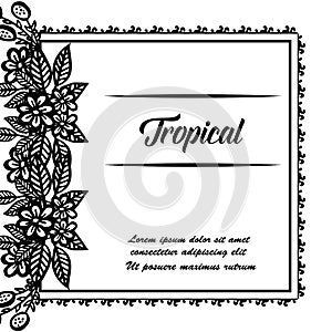 Black white flower frame, tropical border design flowers, shape of cards. Vector