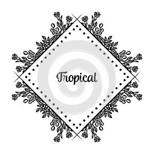 Black white flower frame, tropical border design flowers, shape of cards. Vector