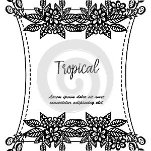 Black white flower frame, tropical border design flowers, shape of cards. Vector