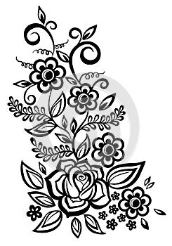 Black-and-white flowers and leaves design element
