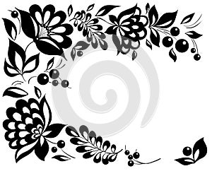 Black and white flowers and leaves. Floral design element in retro style