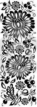 Black-and-white flowers, leaves. Floral design element in retro style
