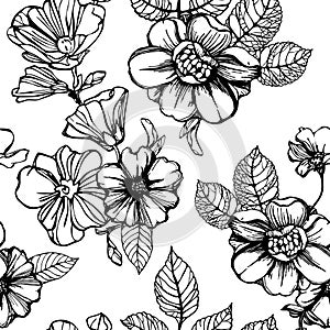 Black and white flowers seamless pattern