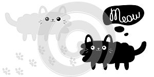Black white fluffy cat set looking up to meow lettering text. Think talk speech bubble. Paw print. Cute cartoon character. Kawaii