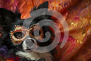 Black and white fluffy dog in carnival mask. Generative AI