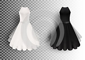 Black and white fluffy dress mockup set, vector isolated illustration. Realistic women little cocktail dresses.