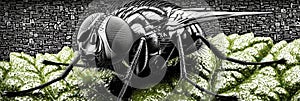 Black and white fly resting on textured background photo