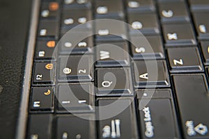 Black and white focus on windows keyboard . Notebook keyboard . Close-up Laptop Keyboard focus Some keyboard characters