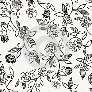 Black and white folk roses seamless floral pattern vector background for fabric, wallpaper, scrapbooking projects or
