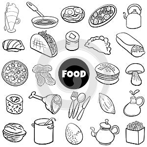 Black and white food objects big set cartoon illustration