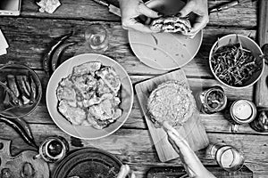 Black and white. food, party, hamburger, bbq, table, top, view, fries, barbecue, brunch, celebration, dinner table