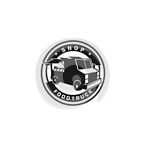 Black and White Food Truck Circle Stamp Emblem Badge Sticker Logo Design Inspiration Idea and Concept