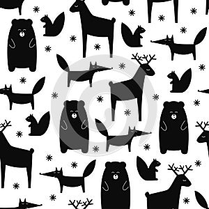 Black and white forest animals seamless pattern.