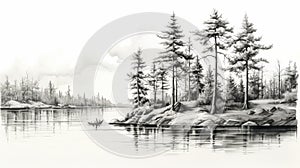 Black And White Forest Sketch: Realistic Watercolor Style With Pine Trees