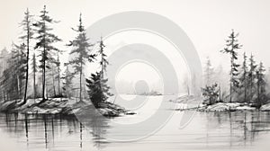 Black And White Forest Sketch: Serene Watercolors In Realistic Landscape Style