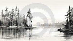 Black And White Forest Sketch: Tranquil Pine Trees By The Water photo