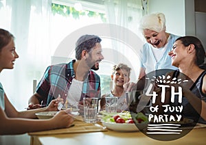 Black and white fourth of July party graphic against family eating at table