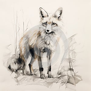 Black And White Fox Drawing Inspired By Meredith Marsone And Martin Wittfooth