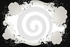 a black and white frame with clouds and swirls