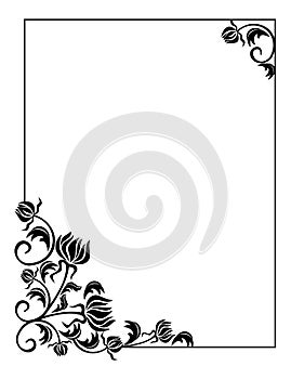 Black and white frame with flowers silhouettes. Raster clip art.