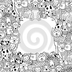 Black and white frame with funny dogs in coloring page style