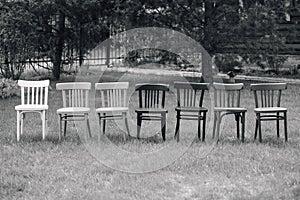 a black and white frame from a retro movie, a row of wooden Viennese chairs on the lawn in the backyard garden, a retro