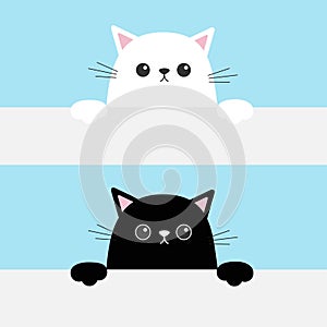Black white funny cat head face hanging on paper board template. Kitten body with paw print. Cute cartoon character set. Kawaii an