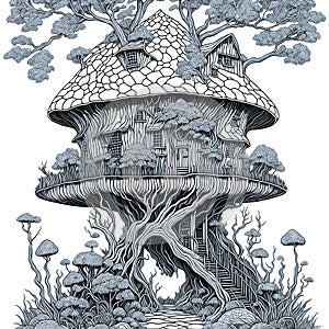 Black and white funny fantasy mushroom house, coloring book page