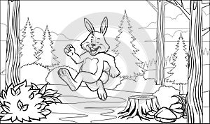 Black and white funny rabbit coloring page running in the forest