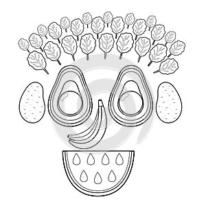 Black and white funny smiling fruit and vegetable face. Funny food coloring page