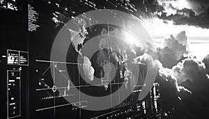 A black and white futuristic economic dashboard with abstract graphs and world maps glitching, reshaping into regional photo