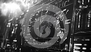 A black and white futuristic economic dashboard with abstract graphs and world maps glitching, reshaping into regional photo