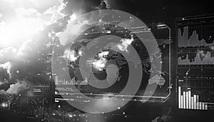 A black and white futuristic economic dashboard with abstract graphs and world maps glitching, reshaping into regional photo