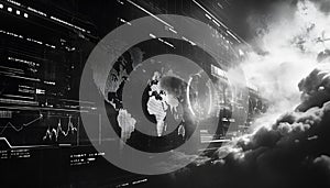 A black and white futuristic economic dashboard with abstract graphs and world maps glitching, reshaping into regional photo