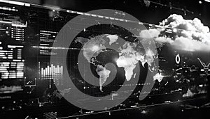 A black and white futuristic economic dashboard with abstract graphs and world maps glitching, reshaping into regional photo