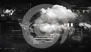 A black and white futuristic economic dashboard with abstract graphs and world maps glitching, reshaping into regional photo